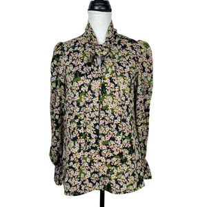 Never Fully Dressed Black Colorful Floral Long Sleeve Tie Neck Blouse